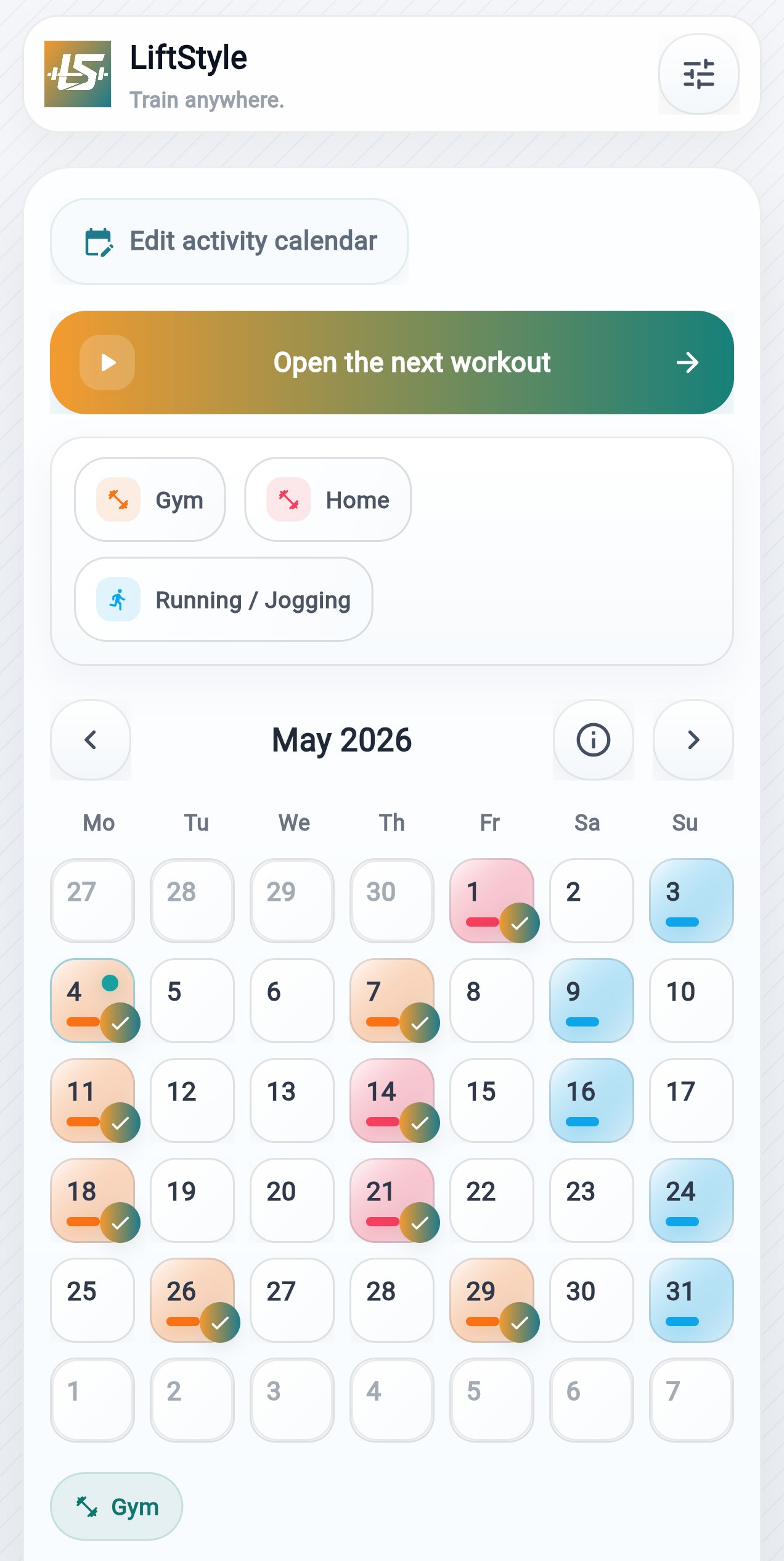LiftStyle calendar
